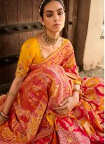 Pink and Yellow Embroidered Engagement Traditional Designer Saree