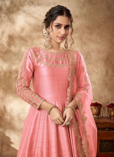 Pink Art Silk Embroidered Floor Length Anarkali Salwar Suit