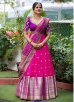 Pink Ceremonial Banarasi Silk A Line Lehenga Choli