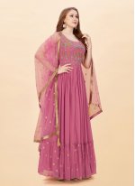 Pink Ceremonial Faux Georgette Readymade Trendy Gown 