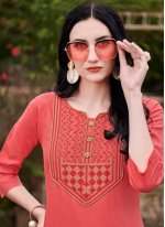 Pink Cotton Embroidered Party Wear Kurti