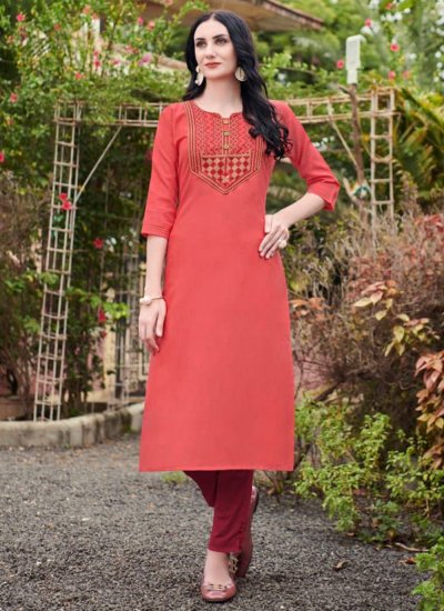 Pink Cotton Embroidered Party Wear Kurti