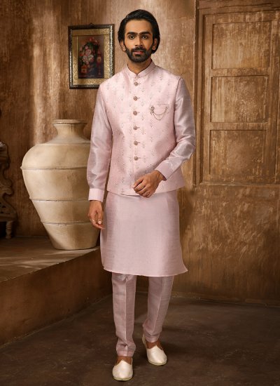 Pink Embroidered Art Banarasi Silk Kurta Payjama With Jacket