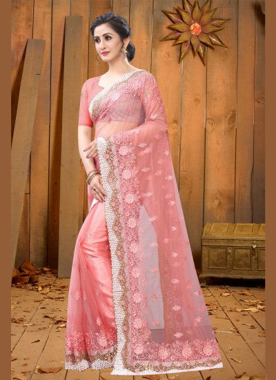 
                            Pink Embroidered Ceremonial Contemporary Saree