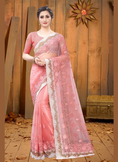 Pink Embroidered Ceremonial Contemporary Saree