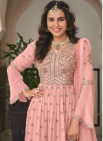 Pink Embroidered Faux Georgette Palazzo Salwar Kameez