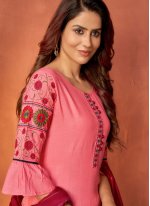 Pink Embroidered Rayon Pant Style Suit