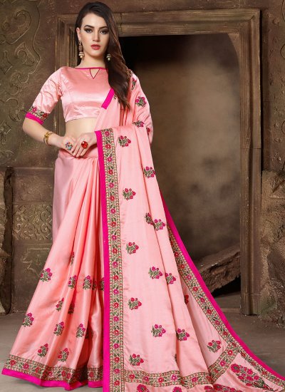 Pink Embroidered Wedding Traditional Saree