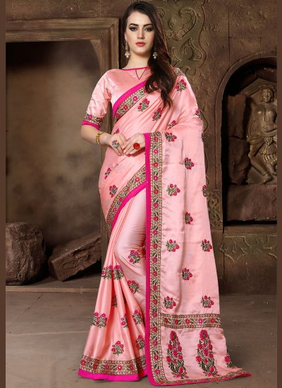 Pink Embroidered Wedding Traditional Saree