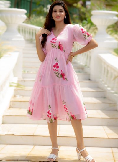 Pink Floral Print Casual Party Wear Kurti