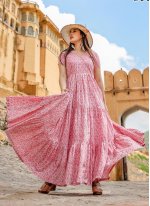 Pink Printed Muslin Designer Gown