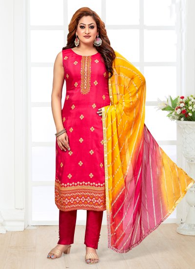 Pink Silk Embroidered Straight Salwar Suit