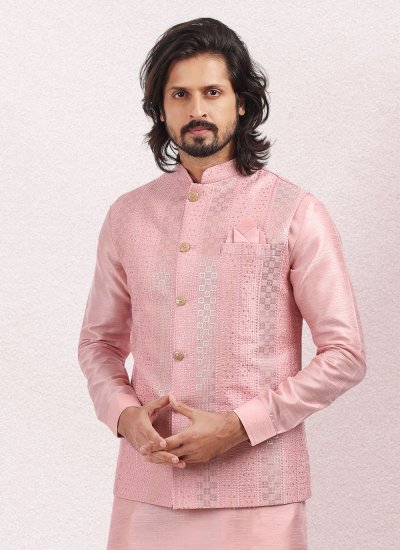Pink Thread Work Art Banarasi Silk Kurta Payjama With Jacket