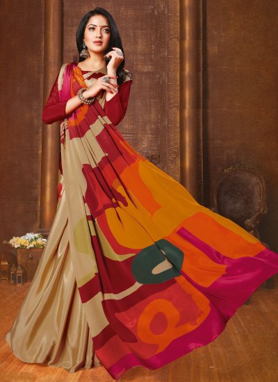Piquant Beige Abstract Print Faux Crepe Contemporary Style Saree