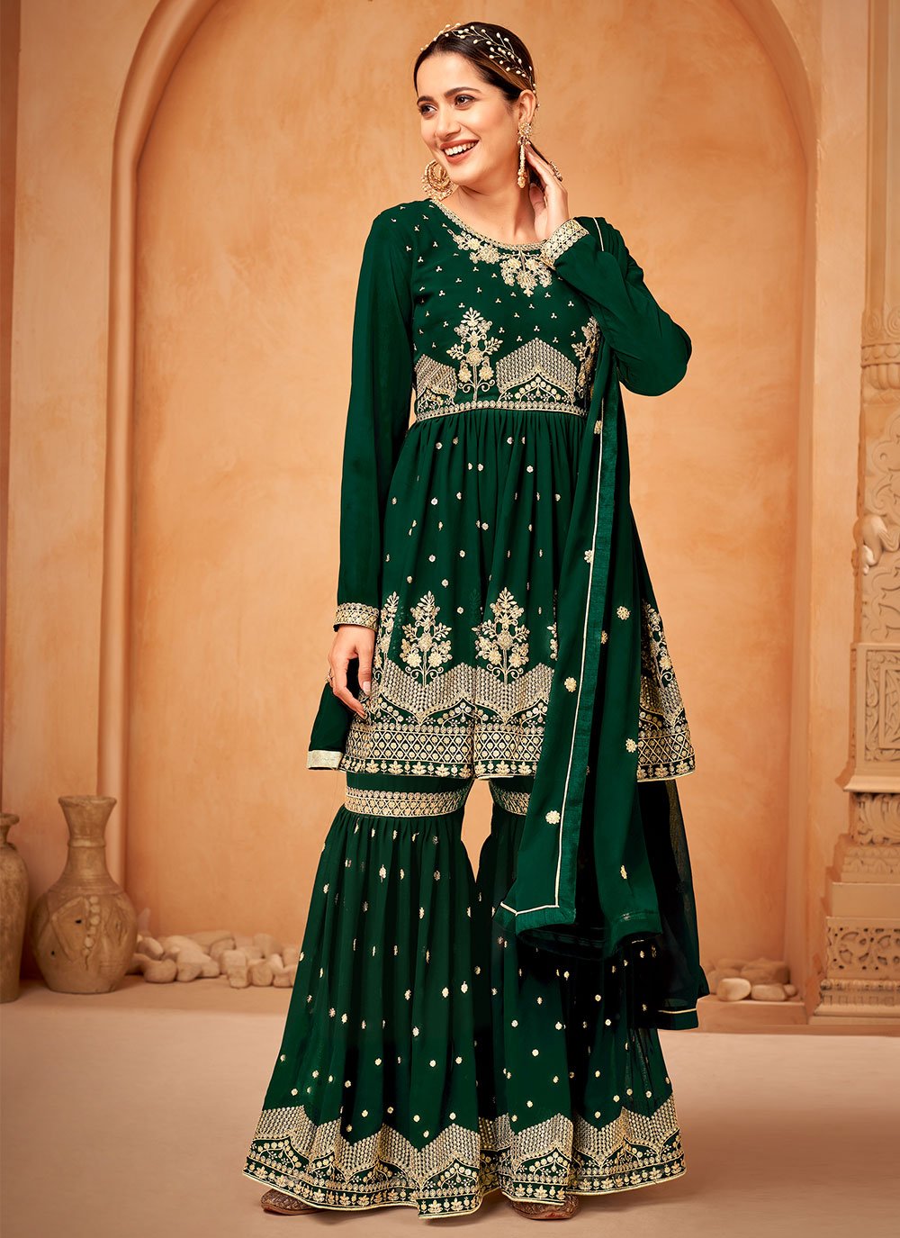 Buy Costume Dark Green Georgette Embroidered Sharara Suit LSTV117553