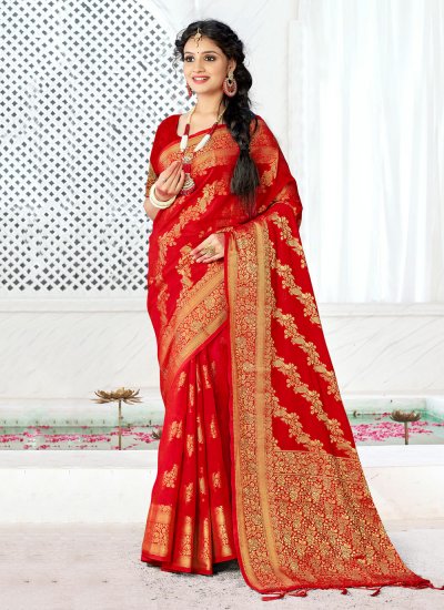 Piquant Red Weaving Banarasi Silk Traditional Saree