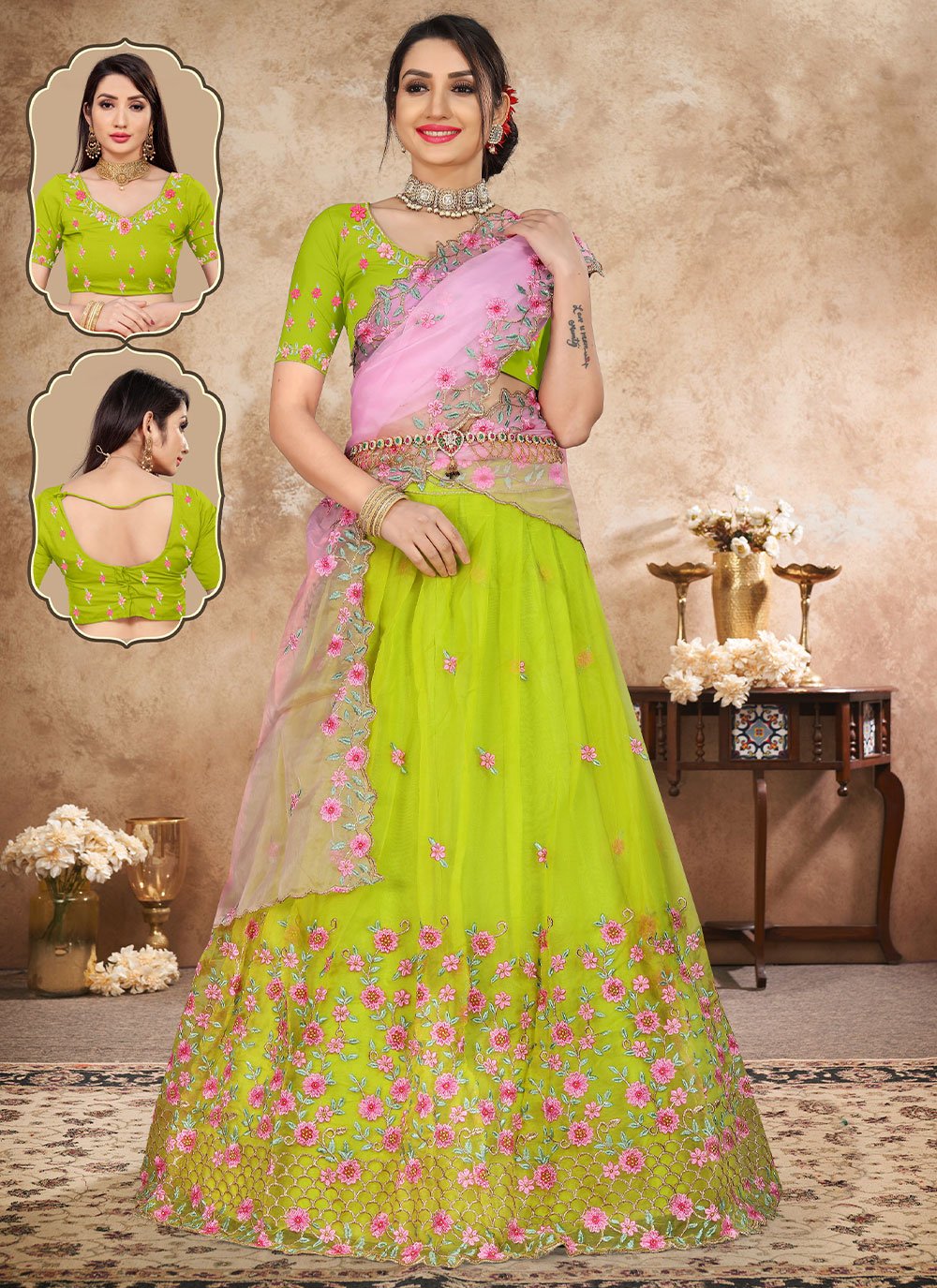 Buy Touch Trends Pink & Green Net Semi-Stitched Lehenga Choli Material with  Dupatta on Myntra | PaisaWapas.com