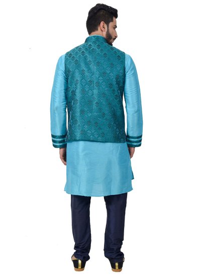 Plain Art Silk Kurta Payjama With Jacket in Blue