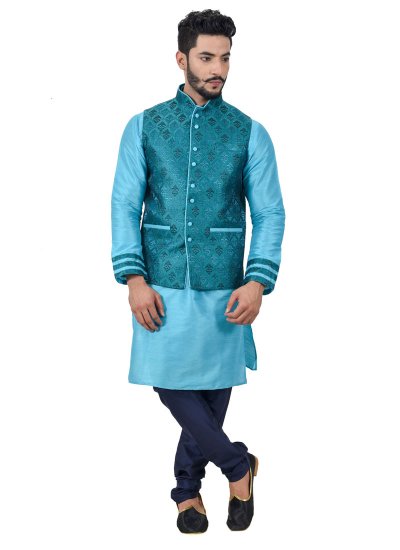 Plain Art Silk Kurta Payjama With Jacket in Blue
