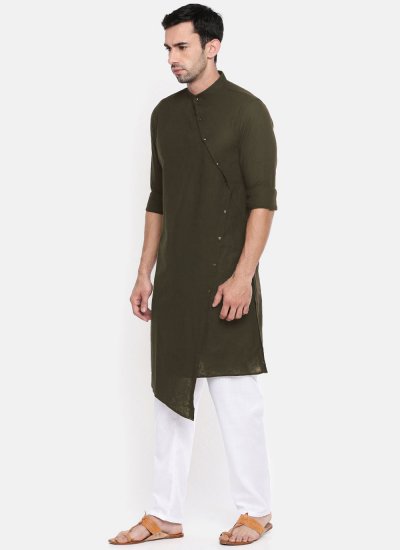 Plain Blended Cotton Indo Western in Green