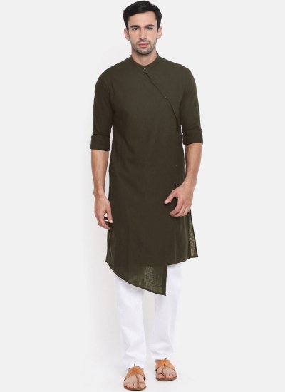 Plain Blended Cotton Indo Western in Green