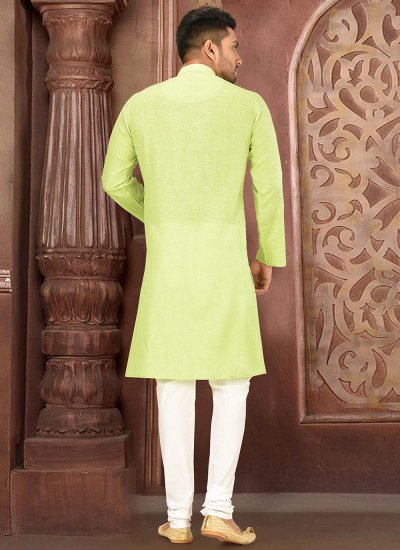 Plain Cotton Kurta Pyjama in Green