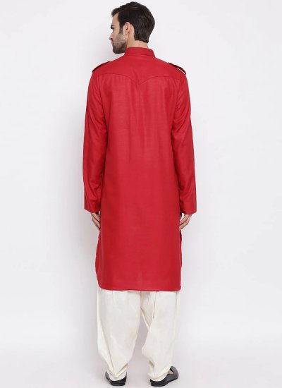 Plain Cotton Kurta Pyjama in Red