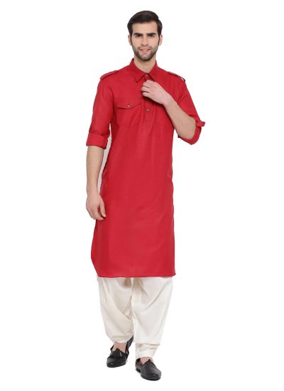 Plain Cotton Kurta Pyjama in Red