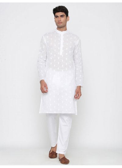 Plain Cotton Kurta Pyjama in White