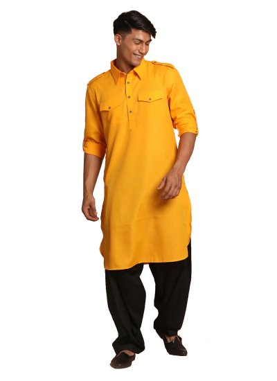 Plain Cotton Kurta Pyjama in Yellow