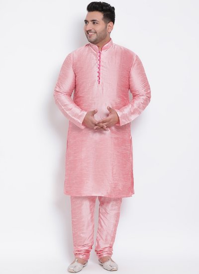 Plain Dupion Silk Kurta Pyjama in Pink