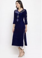Plain Velvet Readymade Salwar Suit in Blue