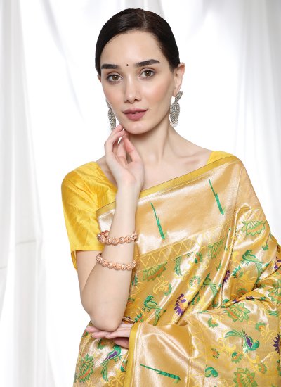 Pleasance Banarasi Silk Yellow Weaving Classic Saree