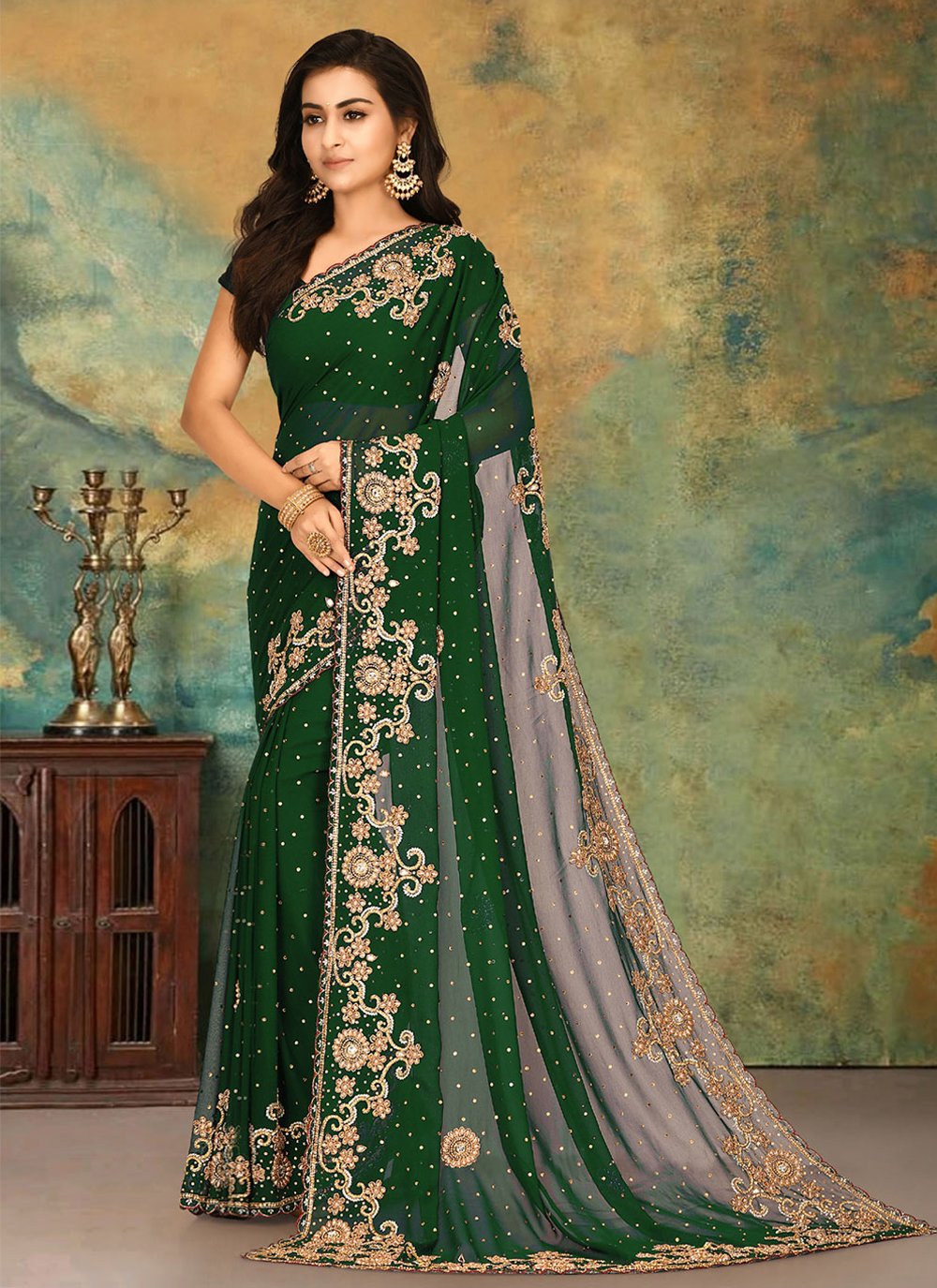 Green Engagement Designer Traditional Saree buy online -