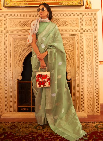 Pleasance Green Weaving Linen Designer Saree