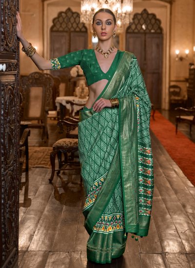 Pleasance Printed Patola Silk  Green Contemporary Style Saree