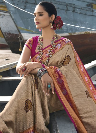Pleasing Beige Silk Contemporary Style Saree