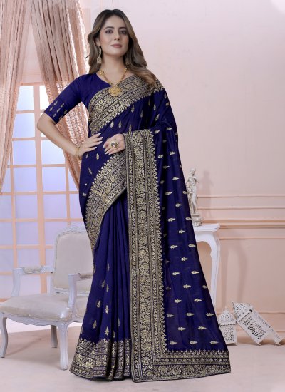 Pleasing Embroidered Vichitra Silk Navy Blue Saree