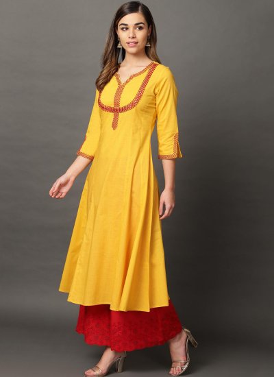 Pleasing Embroidered Yellow Casual Kurti