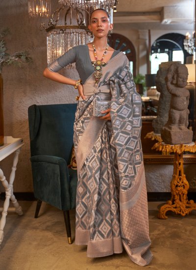 Pleasing Patola Silk  Grey Handwork Trendy Saree