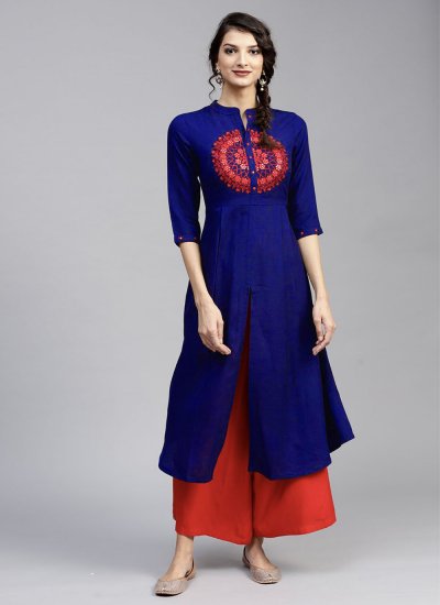 Pleasing Rayon Blue Embroidered Casual Kurti