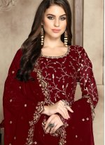 Pleasing Red Embroidered Faux Georgette Trendy Anarkali Salwar Kameez
