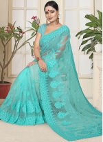 Pleasing Resham Net Turquoise Classic Designer Saree