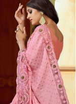 Pleasing Satin Embroidered Pink Designer Saree