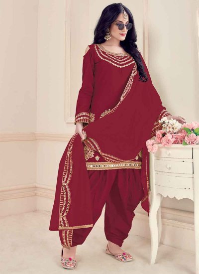 Pleasing Silk Mirror Maroon Designer Patila Salwar Suit
