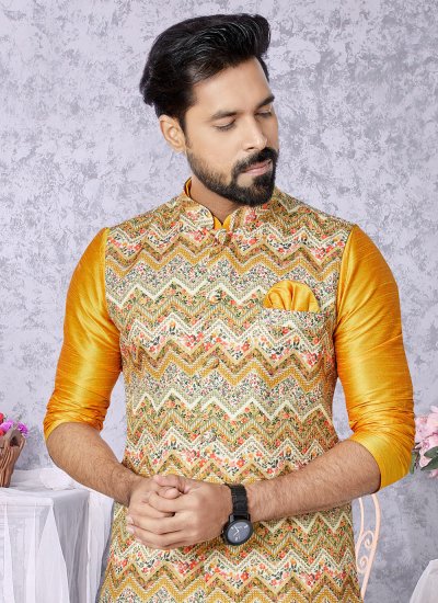 Poly Silk Multi Colour and Mustard Embroidered Kurta Payjama With Jacket