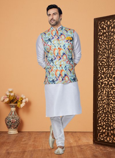 Polyester Embroidered Multi Colour and Off White Kurta Payjama With Jacket