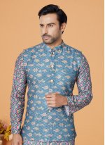 Polyester Kurta Payjama With Jacket in Blue and Multi Colour