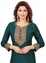 Precious Embroidered Chanderi Green Straight Salwar Kameez