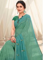 Precious Faux Georgette Blue and Sea Green Embroidered Shaded Saree